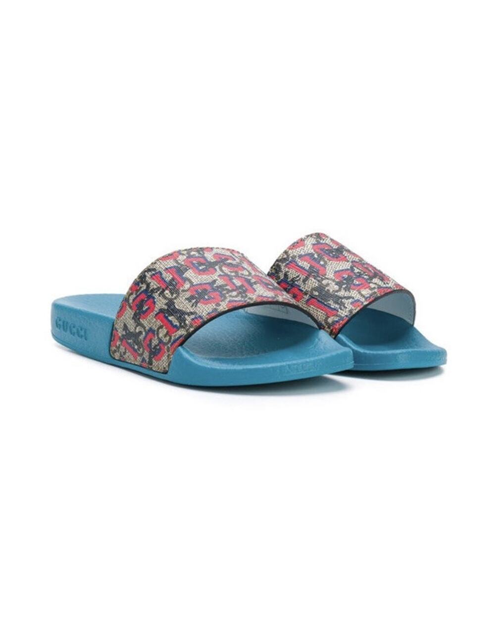 New In Box Gucci Wolf Detailed Dark Teal Pool Slide Sandal Size 34EU/4US $340.00